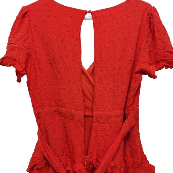 Lulus Red Wrap dress ruffle Knot Tie Sleeves Waist Tie Lined Bodice Size Medium - Picture 9 of 13